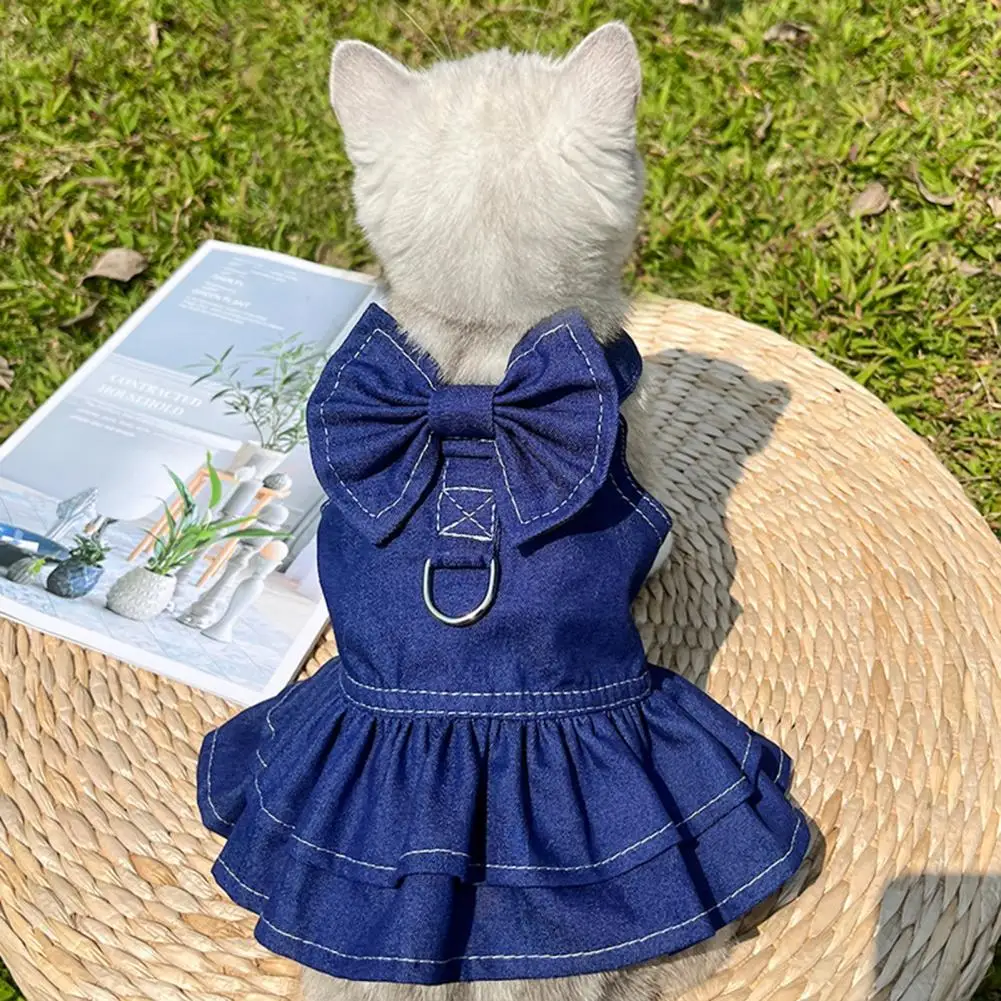 

Pet Denim Skirt Bowknot Tie Traction Ring Summer Small Dog Princess Cosplay Costume
