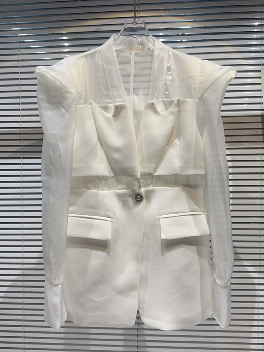 2023 Spring and Summer New Socialite Mesh Stitching Long Sleeves Padded Shoulder Solid-Colored Sun Protection Suit Jacket Women