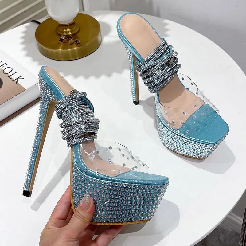 

Женские босоножки на высоком каблуке 17,5 см и платформе 6 см, женские Фетиш-Босоножки на очень высоком каблуке, синие туфли-лодочки с кристалл...