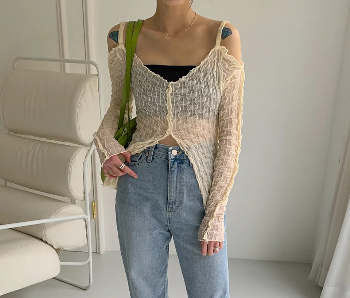 

2022 Y2K Fairycore Aesthetics Open Shoulder Zipper Slit Tops E-girl Fashion Sexy Wave Ruffles Long Sleeve T-shirt Transparent