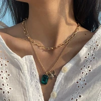 vintage multi layered green crystal stone butterfly pendant gold chain necklaces for women boho bohemia pendants necklaces