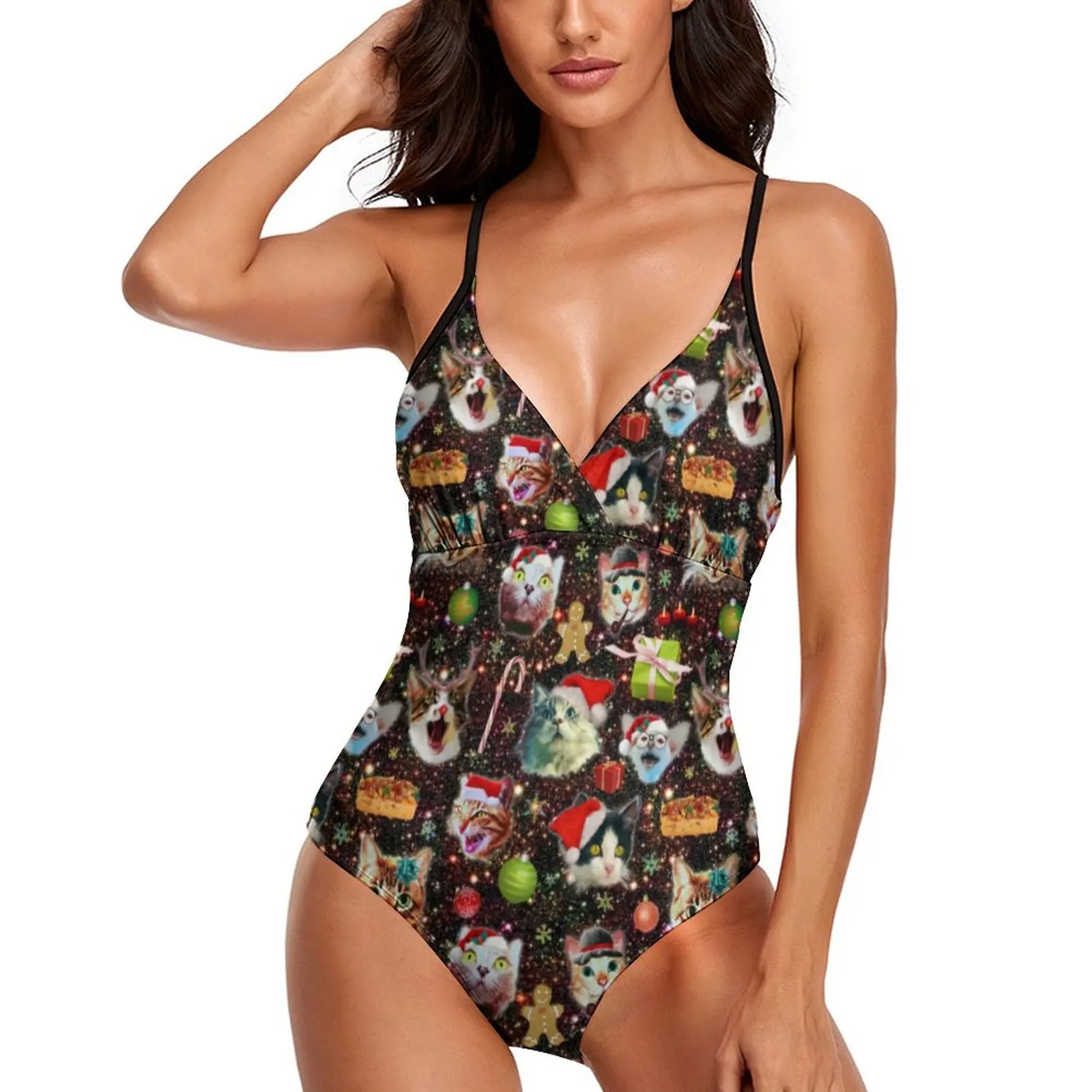 

Christmas Cats Swimsuit Sexy Galaxy Stars Print High Cut Swimwear One Piece Colorful Swimsuits Surfing Push Up Print Beach Wear