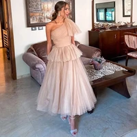 sodigne champagne tulle midi prom dress girl cocktail dress tiered one shoulder formal evening dress party hocoming gowns