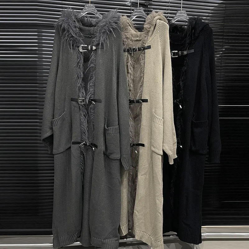 WTHT модный новый женский вязаный длинный плащ с плюшевыми краями 2024 осенняя