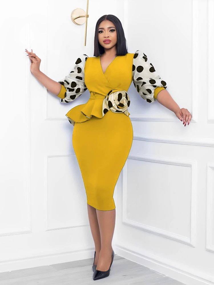 Women knitted stitching dot print bubble sleeve pencil dress plus size dresses  party dresses