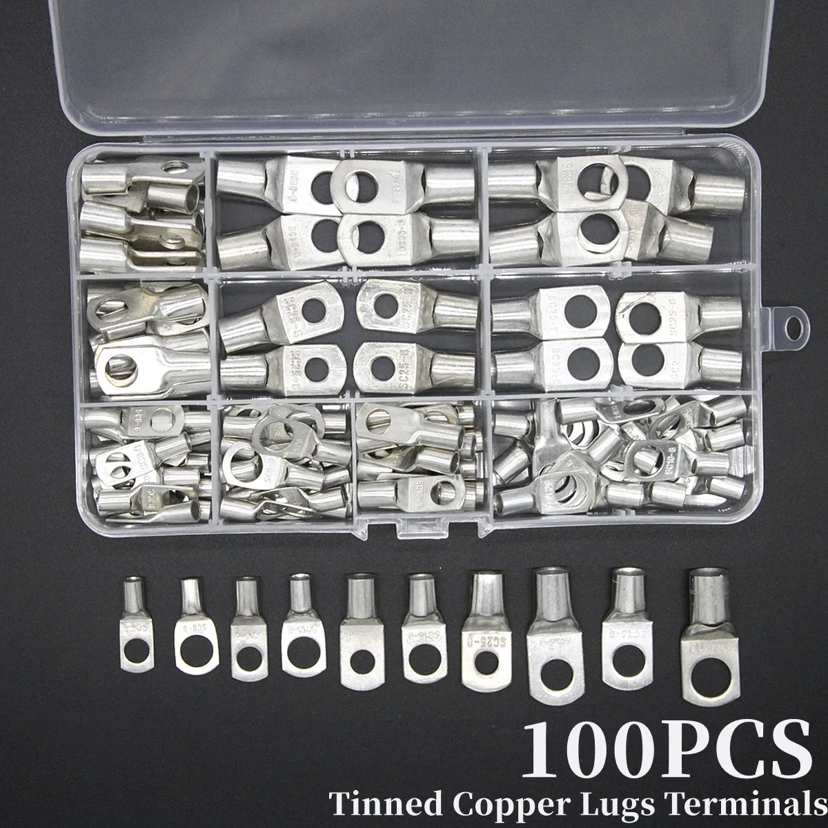 

100PCS Assortment SC Bare Tinned Copper Lug Terminals Electrical Ring Car Battery Seal Wire Connector Cable Crimped Terminal Kit