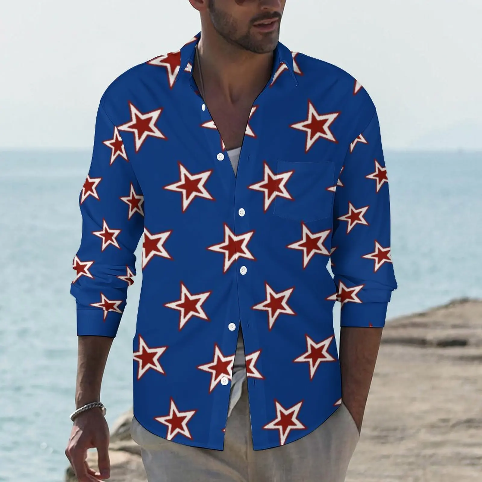 

Stars Print Aesthetic Casual Shirt Men Red White and Blue Shirt Autumn Fashion Blouses Long Sleeve Design Oversized Clothes