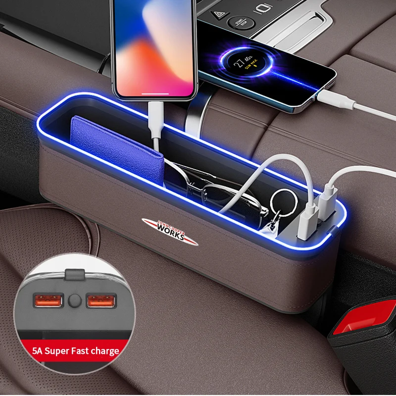 

For MINI John Cooper Works Gm Car Seat Storage Box with Atmosphere Light Cleaning Organizer USB Charging