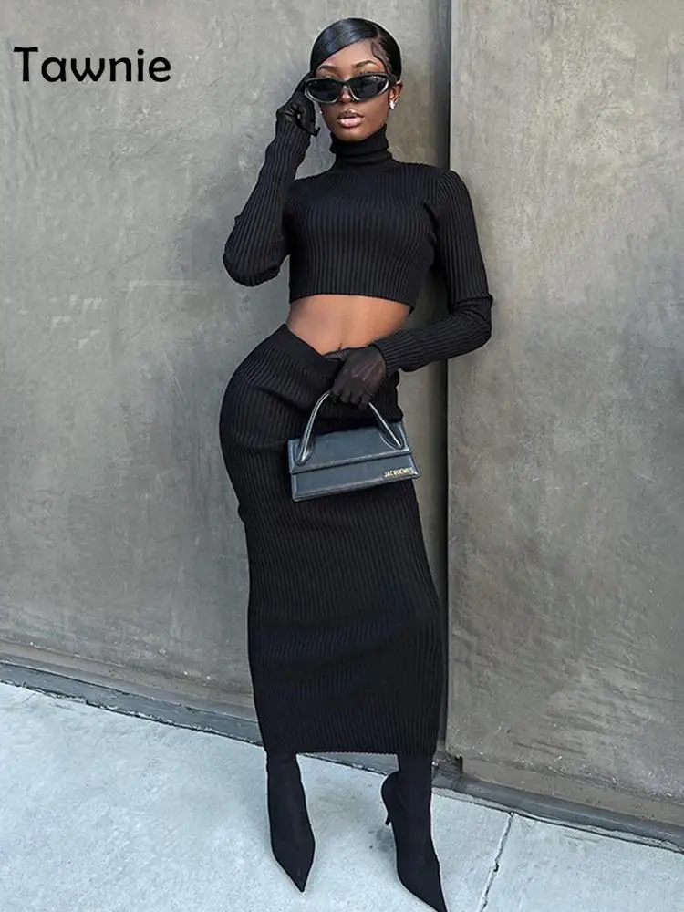 

Tawnie Ribber Knitted Turtleneck Dress Sets Women 2022 Autumn Winter Long Sleeve Crop Top Maxi Skirts 2 Pcs Set Party Outfit