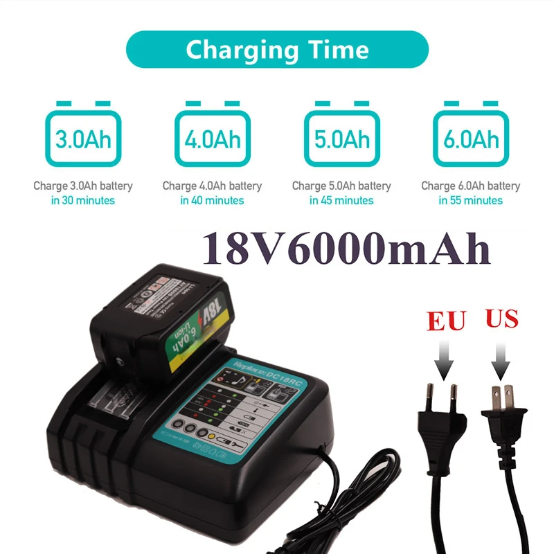 

With LED Charger BL1860 6000Ah Rechargeable Li-Ion Batteries For Makita 18V Battery Power Tool Backup 6Ah Portable Replacement