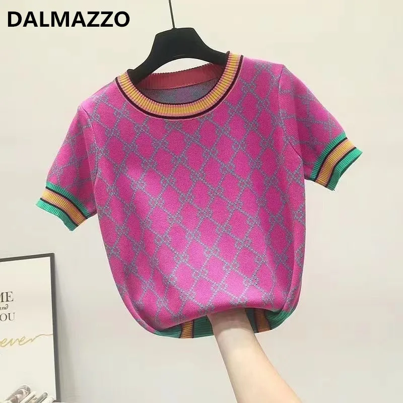 

Luxury Designer Summer Thin Knitted Silk Sweater Tops Pullover Short Sleeve Stitching Color Loose Chic Top For Women 2022 New