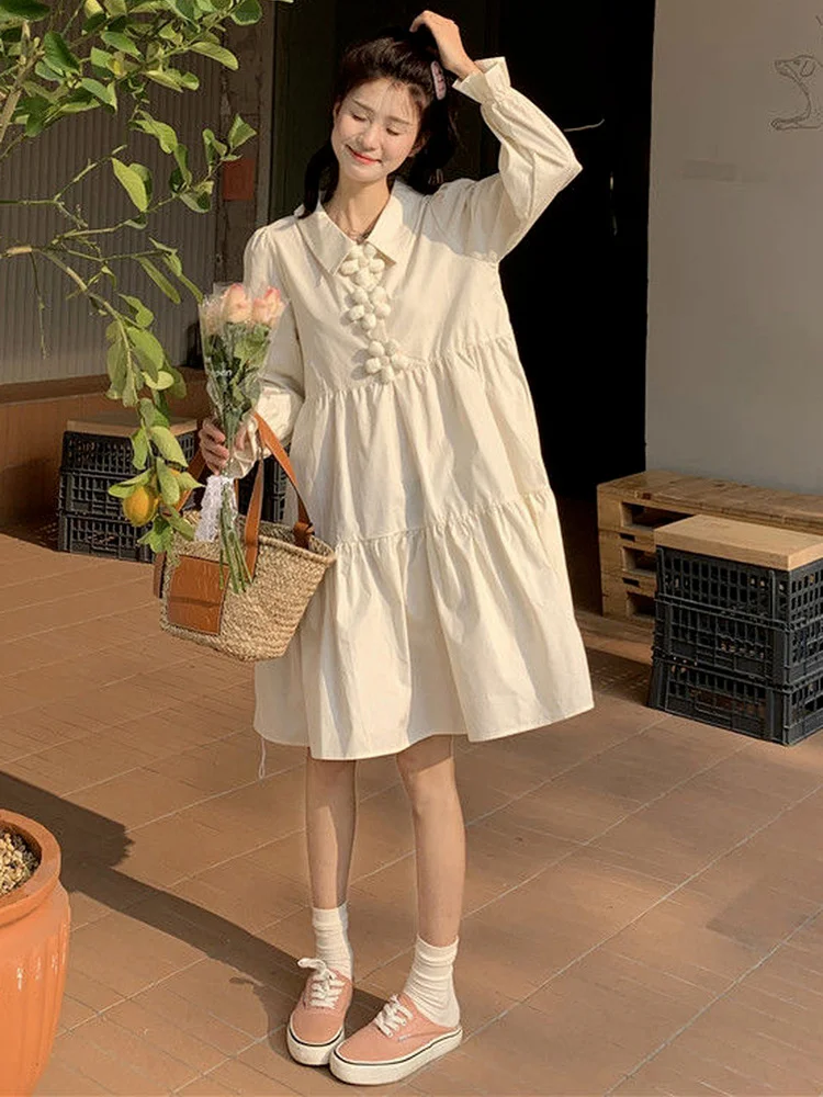 

QWEEK Autumn Polo Collar Dress Women Japanese Sweet Solid Kawaii Long Sleeve Dresses 2022 Fairy Soft Girls Mori Casual
