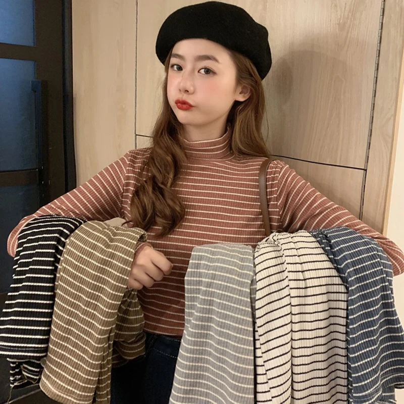 Spring Autumn Thin Striped Pullovers Korean Style Slim Comfortable Tops Female Casual Half High Collar Long Sleeve Hoodies