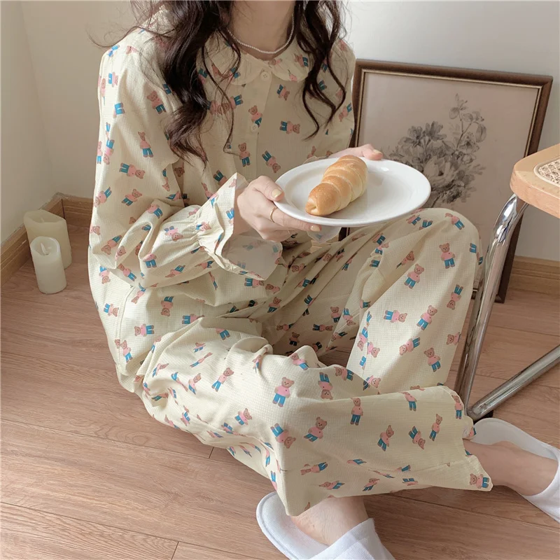 

Women Long Slve Bear Cartoon Pajama Set Comfortable Pants Suit Home Clothes Slpwear Pijamas Autumn Winter 2023 New S081