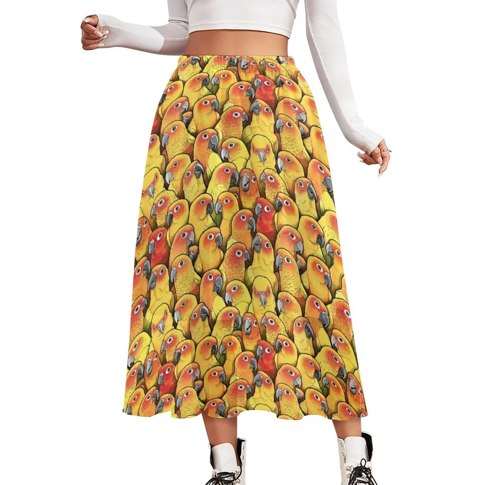 

Yellow Parrot Chiffon Skirt Sun Conures Print Y2K Casual Skirts Female Vintage A-line Skirt Pattern Clothing Gift Idea