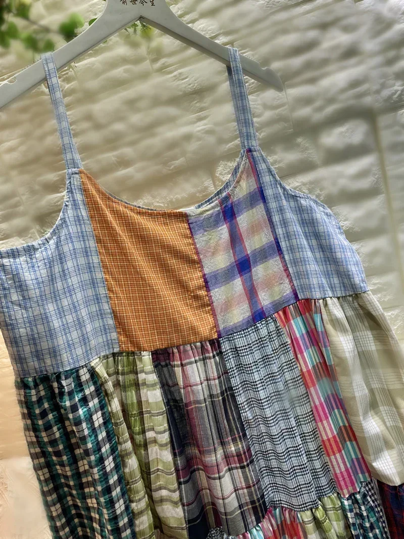 Летнее хлопковое платье миди на тонких бретельках в клетку африканском стиле Wura