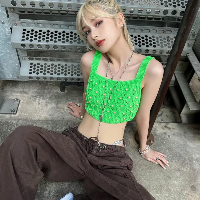 

Женская одежда, шикарный топ на бретельках, вязаный уникальный топ с французской жемчужиной и аппликацией, летний короткий зеленый топ для девушек 2023