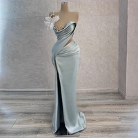 sexy prom dress mermaid one shoulder illusion womens prom gown 2022 sleeveless thigh slit pleat pearls luxury party dress satin