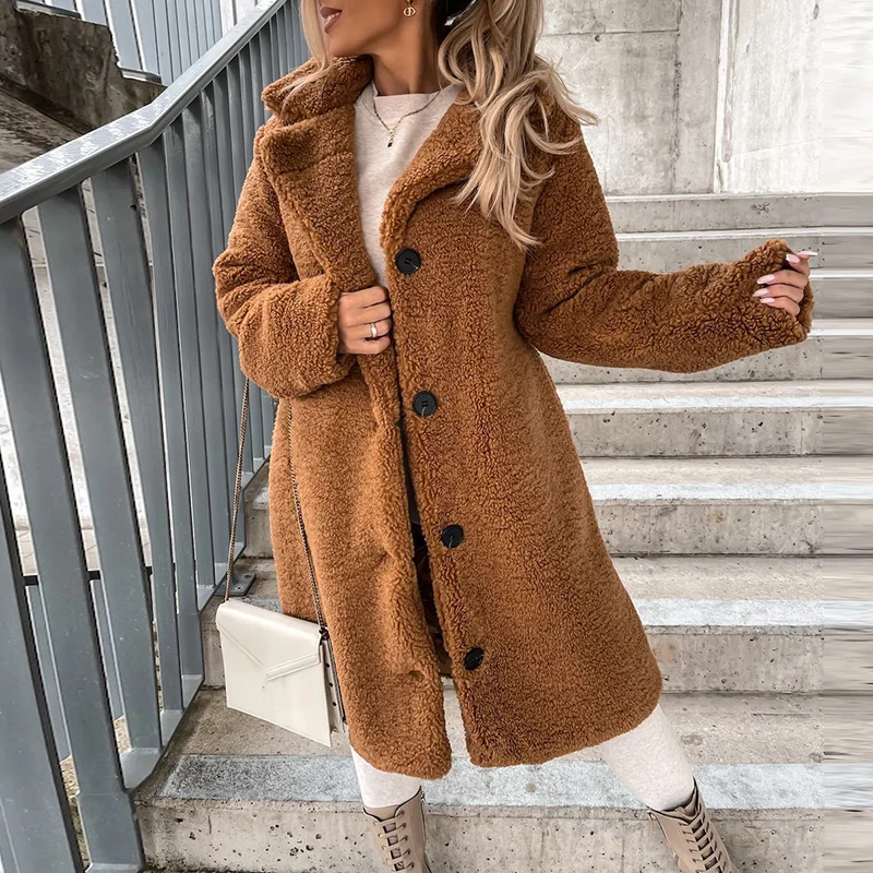 

Sexy Fleece Soft Warm Women Autumn Winter Coat Outwear Fashion Lapel Single Breasted Solid Cardigan Lady Long Sleeve Jackets
