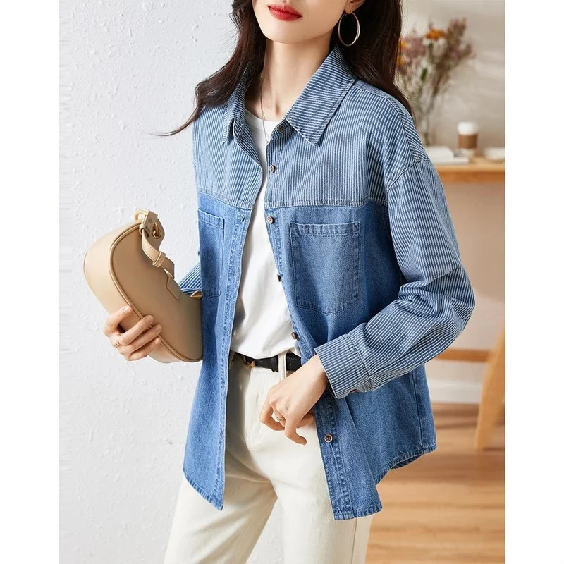 

Korean Fashion Stripe Patchwork Denim Shirts Women 2022 Spring Casual Jeans Blouses Lapel Single-Breasted Chemise Femme E453