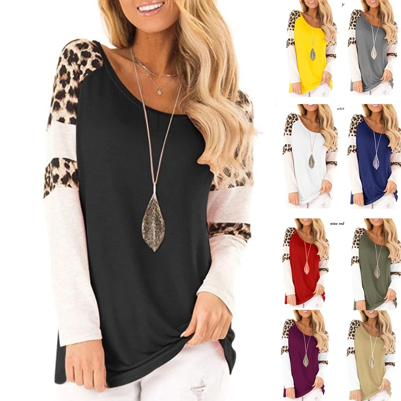 2022 S-5XL Women Fashion Casual Tops Patchwork Pullovers T Shirts Leopard Print Long Sleeve Splicing Blouses
