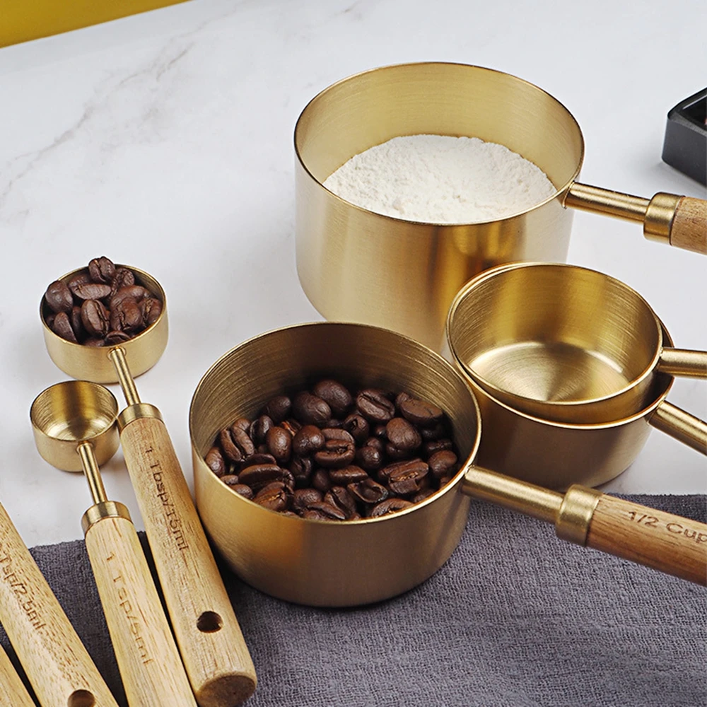 4 قطعة الذهب خشبية قياس الكؤوس والملاعق الفولاذ المقاوم للصدأ الغذاء القهوة الدقيق مغرفة المطبخ مقياس الخبز الطبخ أداة مجموعات