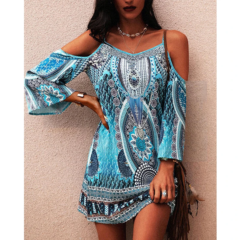 

Boho Vintage Women Fashion Sexy Summer 2022 Three Quarters Sleeve A Line Tribal Print Cold Shoulder Casual Dress