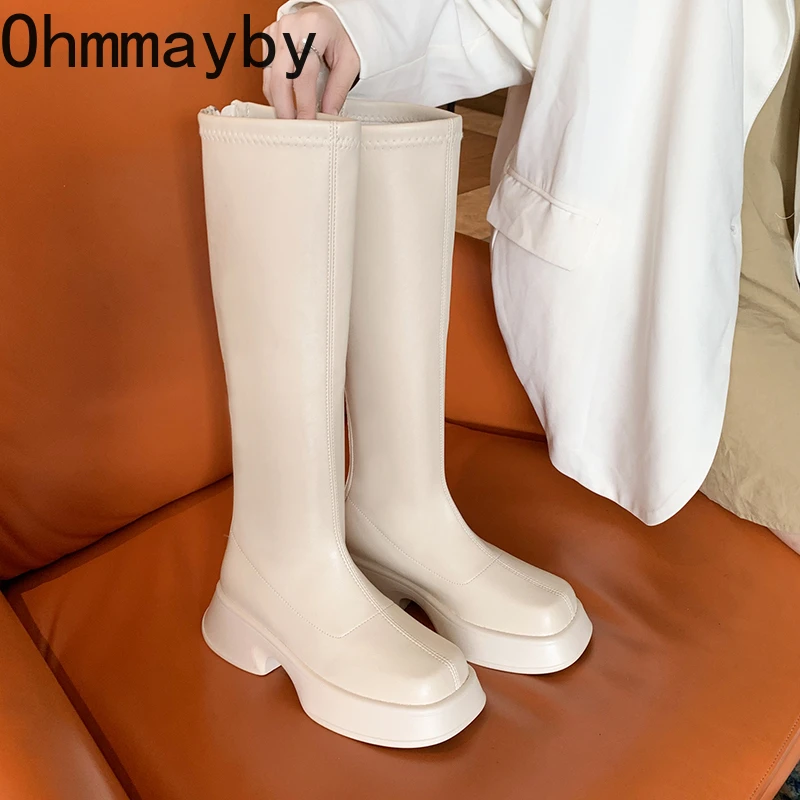 2022 Winter Platform Women Long Boot Back Zipper Ladies Elegant Soft PU Leather Knee-High Boots New Thick Sole Keep Warm Shoes