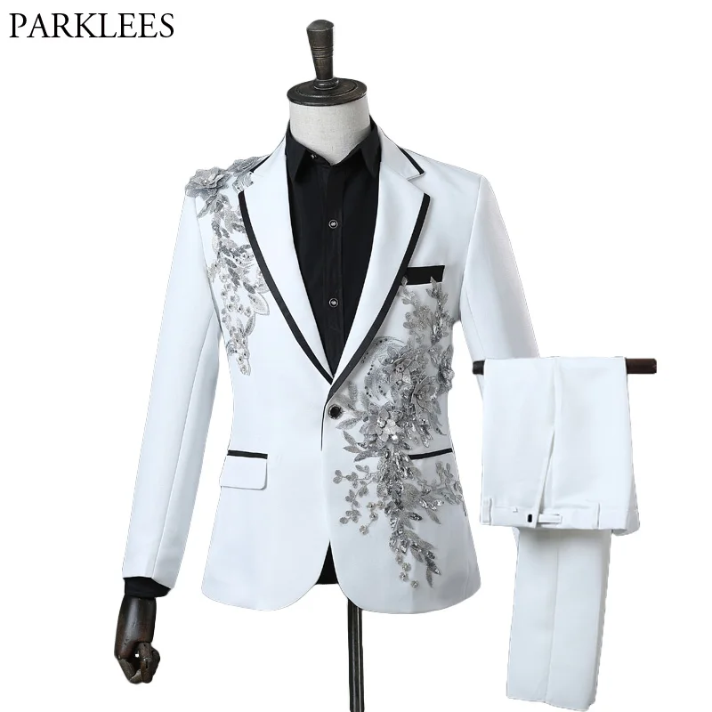 

Fashion Embroidery Sequins Floral Suit Blazer Men One Button White 2 Piece Suit (Jacket+Pants) Party Stage Singer Wear Costume