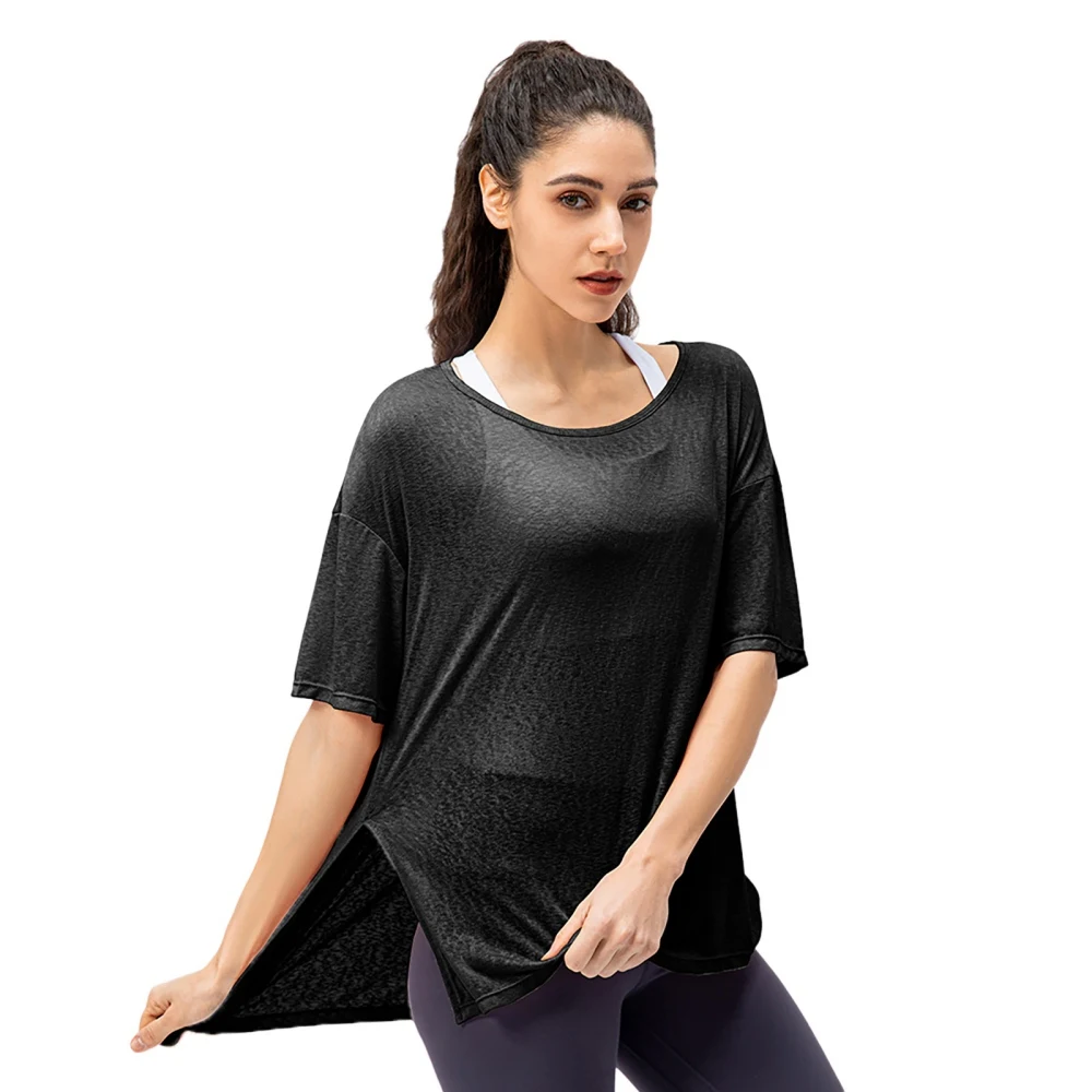 

Women Lightweight Sport Loose Top Quick Dry Fitness Running T Shirt Gym Workout Blouse Cover Up Hem Split Athletic Activewear