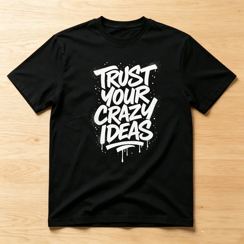 Фото Футболка унисекс из чистого хлопка с принтом-цитатой «Trust Your Crazy Ideas» и надписью, написанной спреем, свободного кроя, молодежная, для активного отдыха, в стиле хип-хоп, повседневная. №4