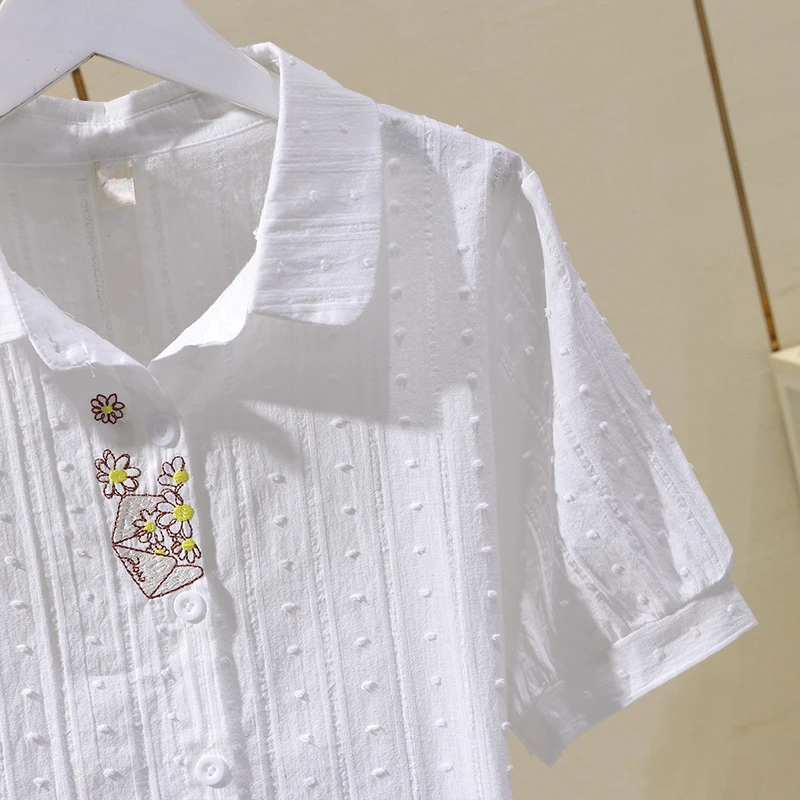 Cotton 100% Embroidery Women White Shirts Summer Vintage 2021 Short-Sleeved Slim Casual Female Outwear Blouse Tops enlarge
