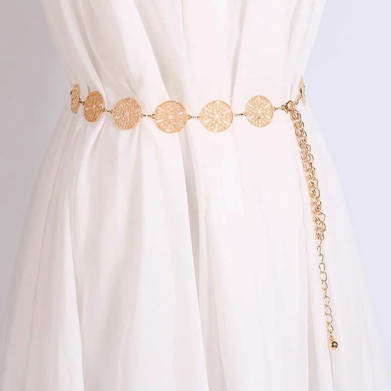 

Women Metal Blet Hollow Circular Leaf Waist Chain Vintage Silver Gold Dress Decorative Belt Female Fashion Accessories