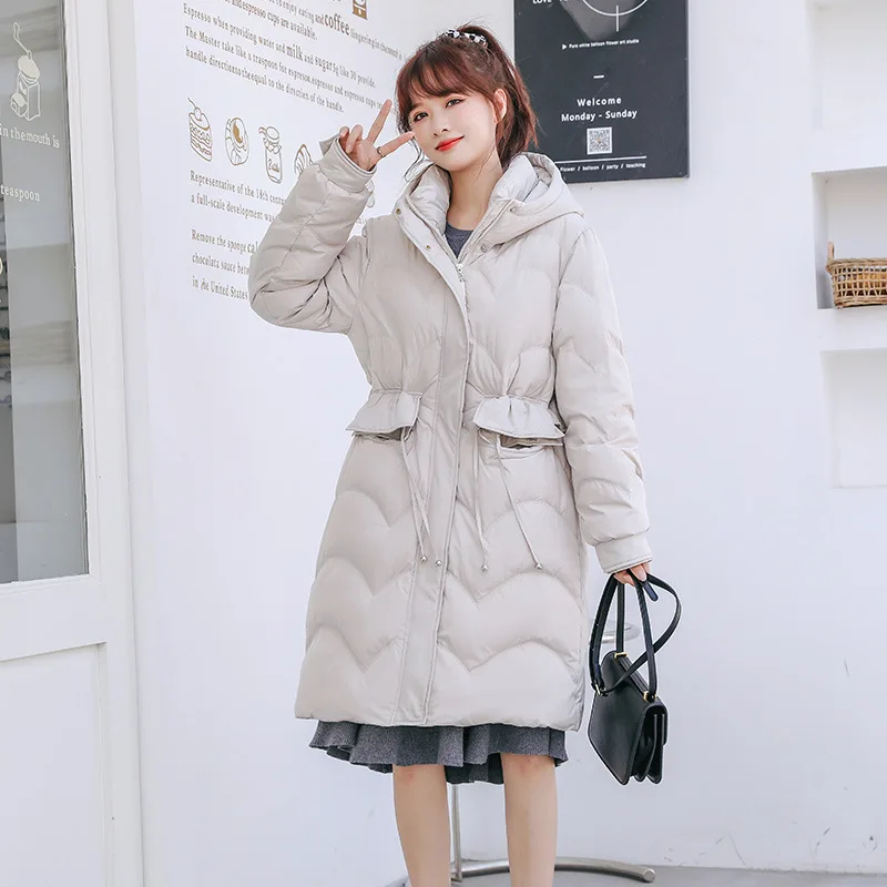 

FOR Down jacket female 2022 winter new fashion aged waist white duck velvet long hooded down jacket female jacket