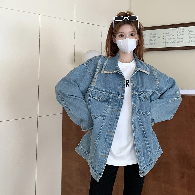 

Женская джинсовая куртка с бахромой, свободная Дизайнерская куртка с татуировкой в прямом эфире, Новинка осени 2022