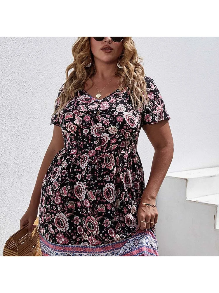Mid-skirt V-neck temperament commuter print floral dress temperament color-block dress Middle East plus size women clothing