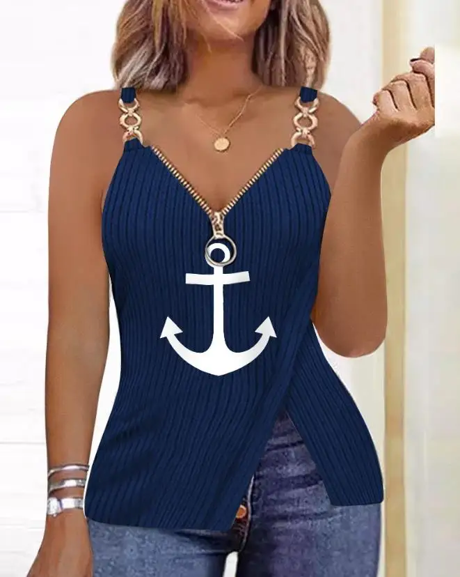 

New Women's Fashion Sexy V-Neck Top Anchor Print Chain Decor Zip Sleeveless Detail Slit Sling Top Temperament Commuting Style