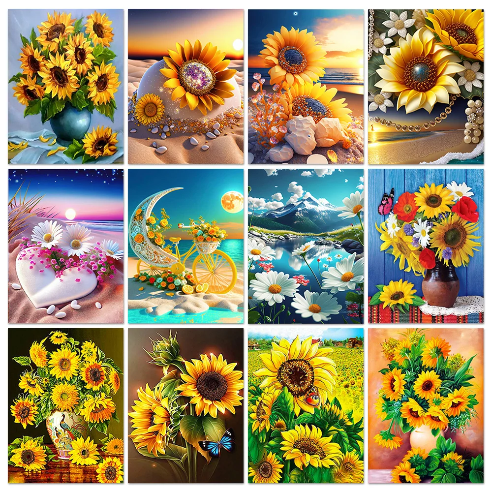 5D Diy Diamond Painting Flower Cross Embroidery Set Full Round Diamond Sunflower Diamond Embroidery Mosaic Artist House Clothes