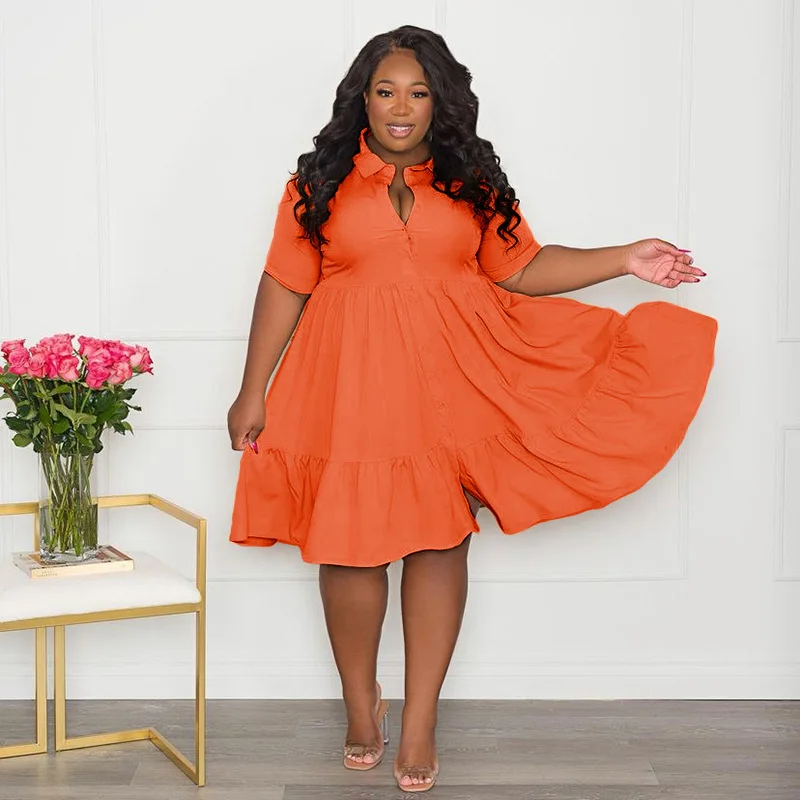 Plus Size Elegant Women Dress Summer Button Skirt Fashion Loose Pain Outfits 2022 Lady Luxury Clothes Party Evening Maxi Gown