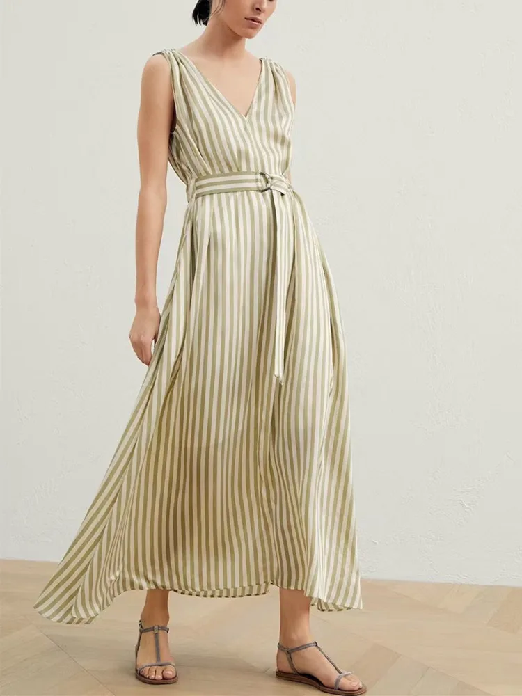 Women Shoulders Beading Midi Dress Stripes Sleeveless Lace-up Elastic Waist V-neck Slit Female Robe 2023 Summer