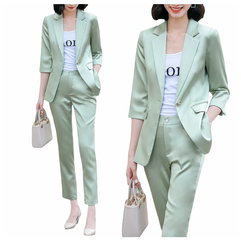 High Quality Korean Spring Suit Single Breasted Slim Print Casual Women Office Blazer Jackets Wide Leg Pants Set Femme 2 Piece