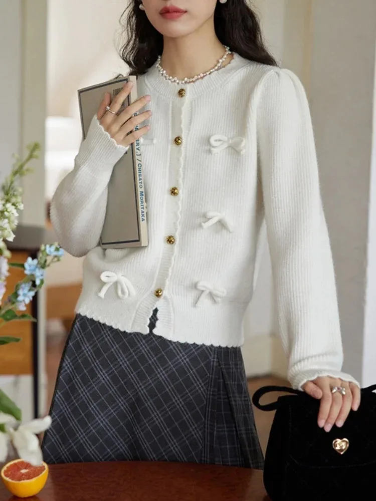 Женский Винтажный Белый Кардиган С Бантом Вязаная Куртка В Консервативном Стиле
