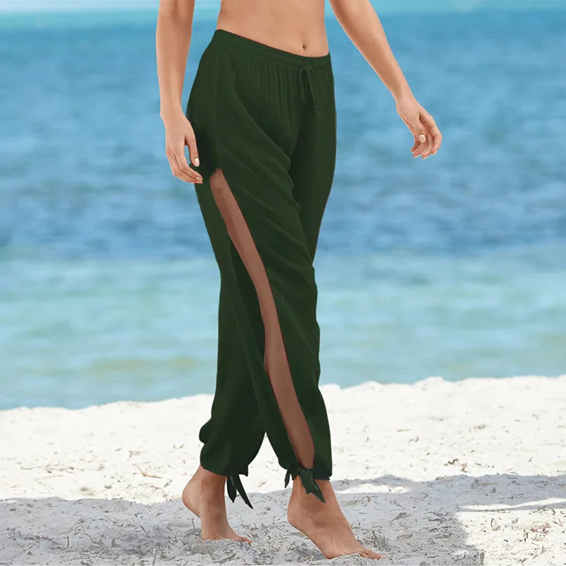 

High Slit Women Summer Solid S-3XL Casual Loose Elastic Waist Pants 2021 Hippie Harem Wide Leg Trousers Full Length Personality