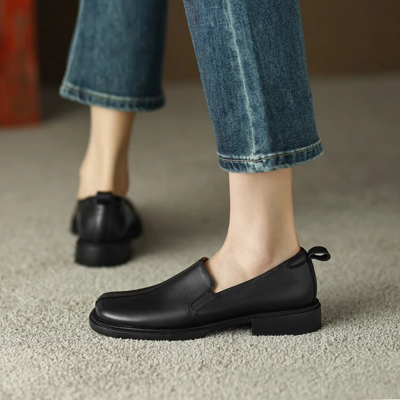 

2023 Spring Women's Loafers Genuine Leather Shoes Square Toe Chunky Heel Shoes for Women Solid Low Heel Women Pumps Cute Shoes