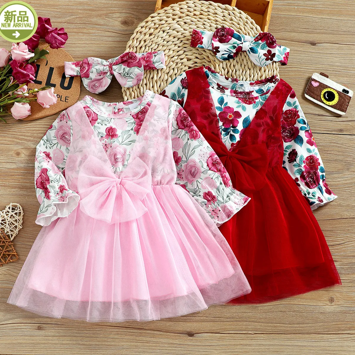 

Spring Autumn 2Pcs Baby Girls Sweet Outfit Children's Casual Princess Long Sleeve Floral Mesh Patchwork Dress Headband 0-3Y