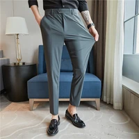 2022 ice silk high elastic pants for men summer thin business dress suit pant slim striped office social trousers costume homme