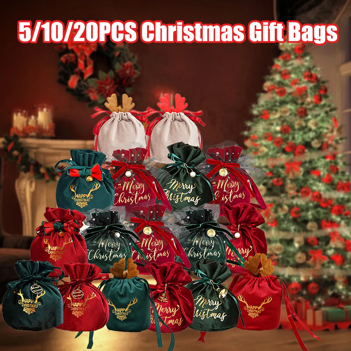 

5/10/20 шт. рождественские подарочные пакеты на шнурке, бархатные мешки для конфет с оленьими рогами, мешки для Санта-Клауса на Рождество, новог...