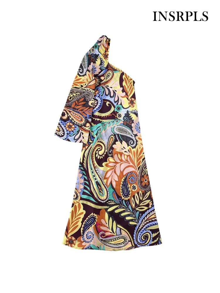 

INSRPLS Women Fashion Printed Slit Hem Asymmetric Midi Dress Vintage One Shoulder Long Sleeve Female Dresses Vestidos Mujer
