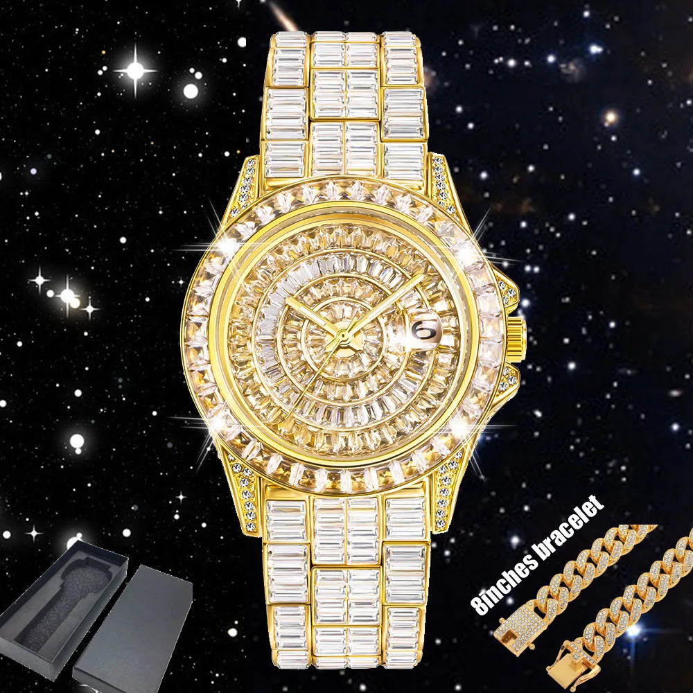Fully Baguette Diamond Watches For Men Top Luxury Quartz Wristwatch Hip Hop Ice Out Male Clock W/ Cuban Chain Gold Relogio New