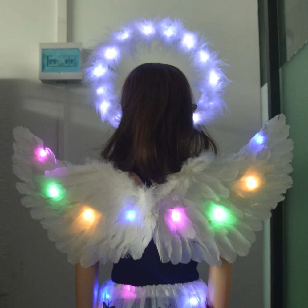 

Adult Children LED Glow Light Up Angel Feather Wing Fairy Wings Props Halo Party Costume Wedding Decoration Festival Christmas